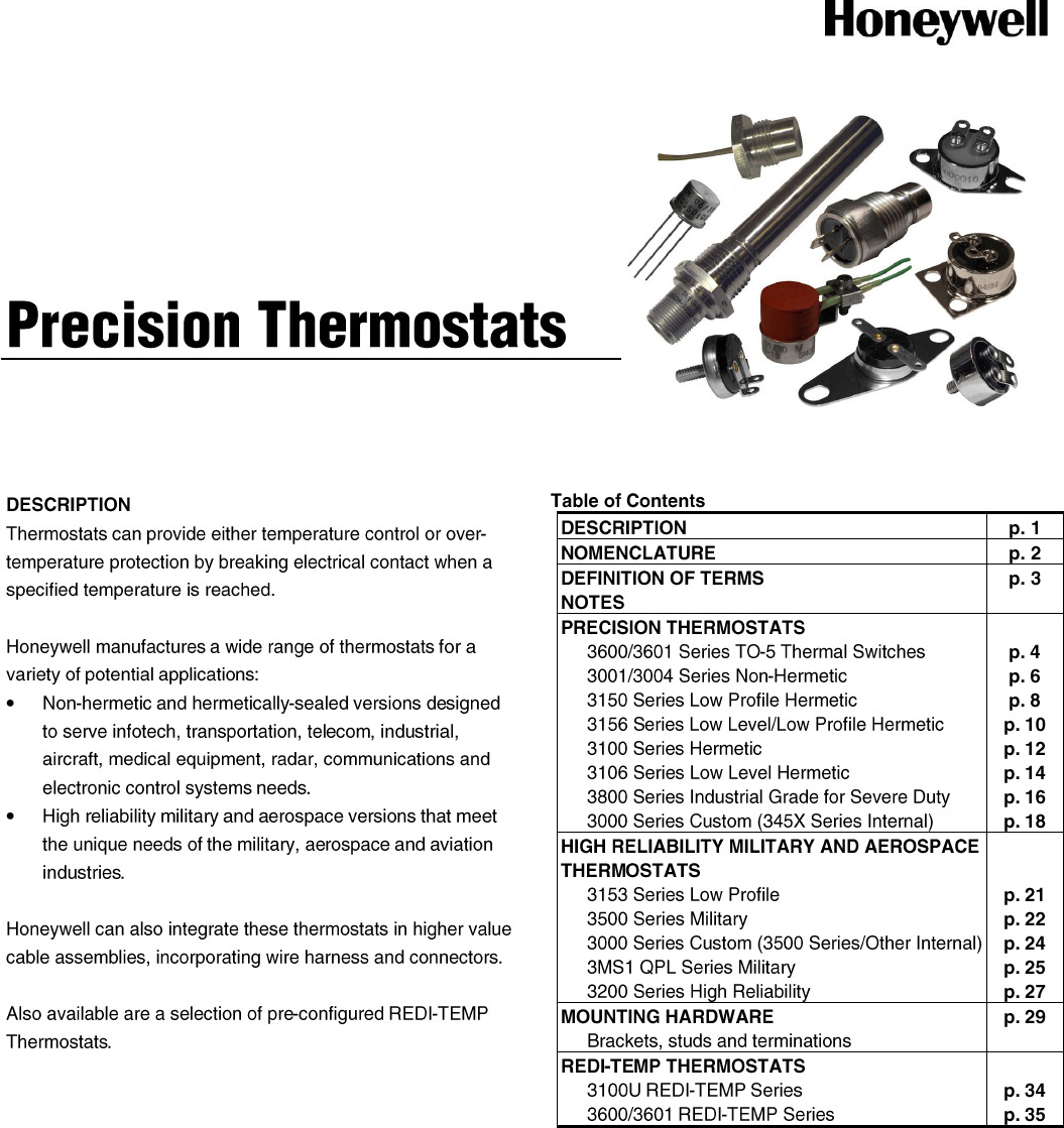 Precision Thermostats Datasheet by Honeywell Sensing and Productivity